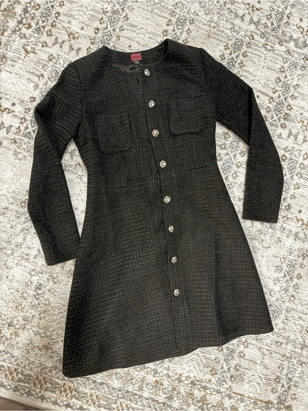 HUGO Black Tweed Button-Front Long-Sleeve Dress